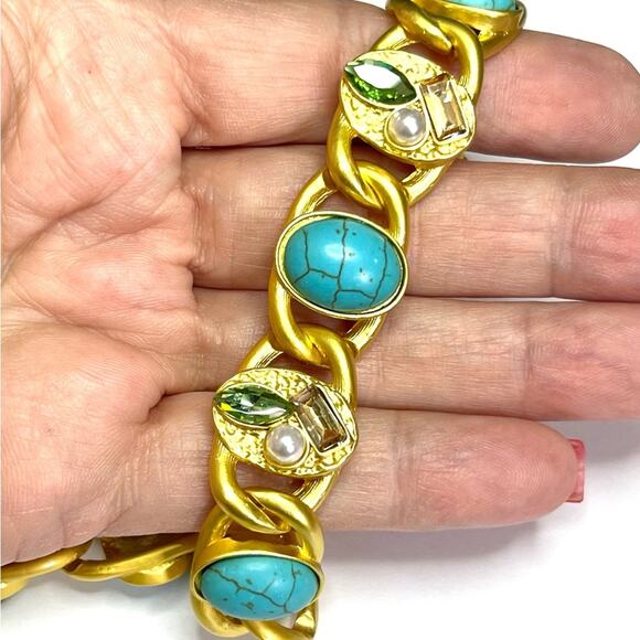 Chunky Chain Necklace Blue Turquoise Peridot Gold Choker Collar O18 - Picture 4 of 6